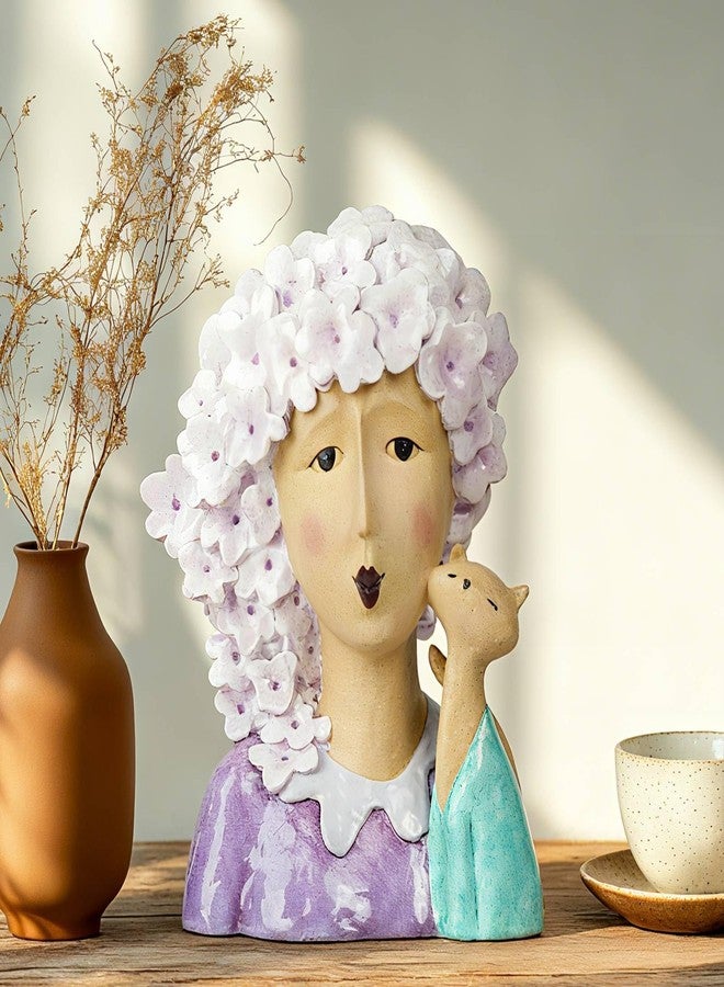 DiliComing Head Statues Bust Statues Sculptures-Home-Decor - 13 Inch Women with Cat Modern Art Statue, Resin Cat Sculptures for Garden, Tabletop, Livingroom and Office, Thanksgiving Gifts for women(Purple) - Image 1