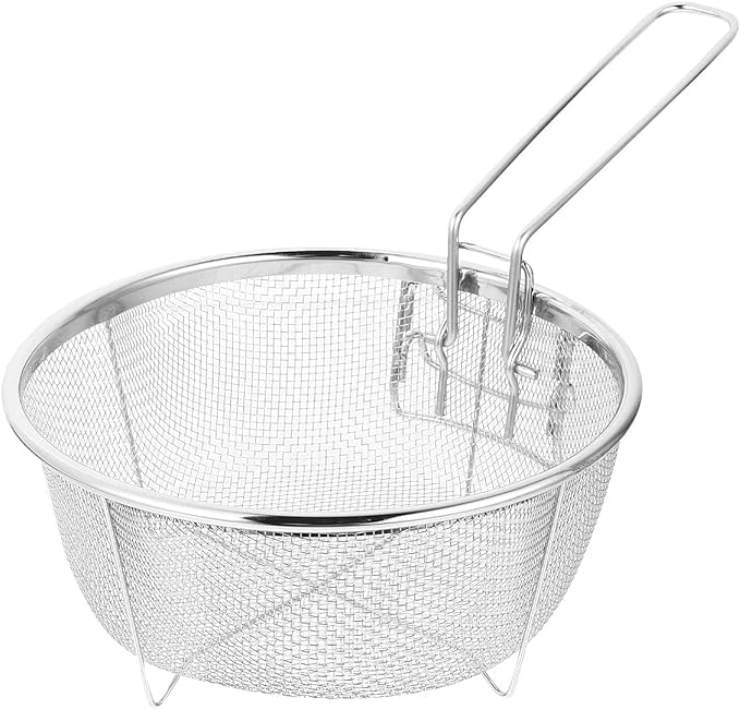 SHREESAMP Stainless Steel Round Big Deep Fried Basket Tableware with Folding Handle Wire Strainer for French Fry Chips Deep Frying Basket Home Restaurant Frying Serving Food Kitchen Tool 38x23x10CM - Image 1