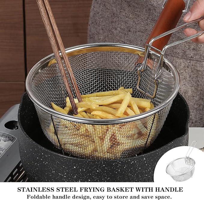 SHREESAMP Stainless Steel Round Big Deep Fried Basket Tableware with Folding Handle Wire Strainer for French Fry Chips Deep Frying Basket Home Restaurant Frying Serving Food Kitchen Tool 38x23x10CM - Image 2