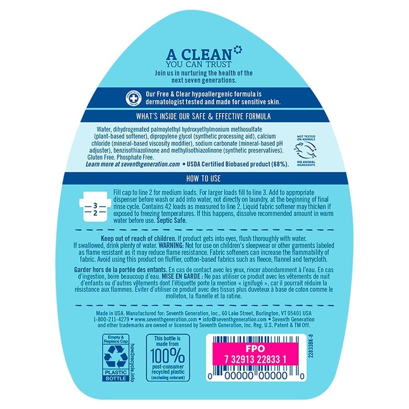 Seventh Generation Laundry Fabric Softener Liquid, Free & Clear, Reduces Static, 32 Fl Oz - Image 3
