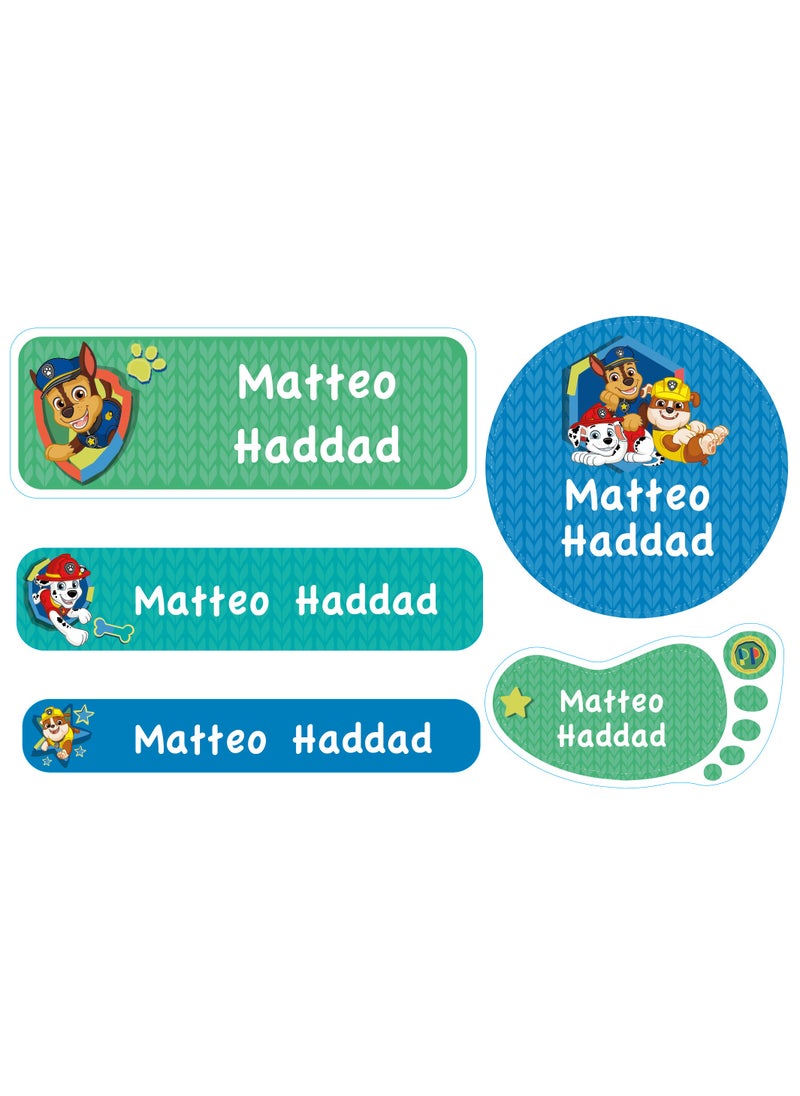 Essmak Paw Patrol Personalized Waterproof Name Labels for Kids – Set of 74 Custom Stickers for School Supplies, Lunch Boxes, Clothes and Toys  - Image 1