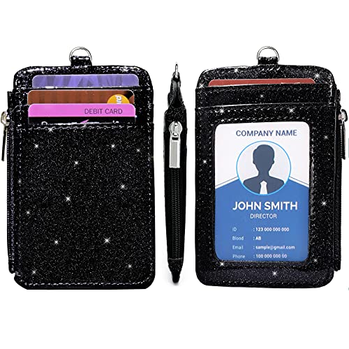 Leamekor ID Badge Holder with Neck Lanyard PU Leather ID Badge Wallet Case with 1 ID Window, 4 Card Slots, 1 Side Zipper Pocket (Glitter Black) - Image 3