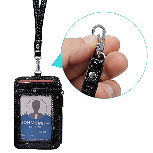 Leamekor ID Badge Holder with Neck Lanyard PU Leather ID Badge Wallet Case with 1 ID Window, 4 Card Slots, 1 Side Zipper Pocket (Glitter Black) - Image 5