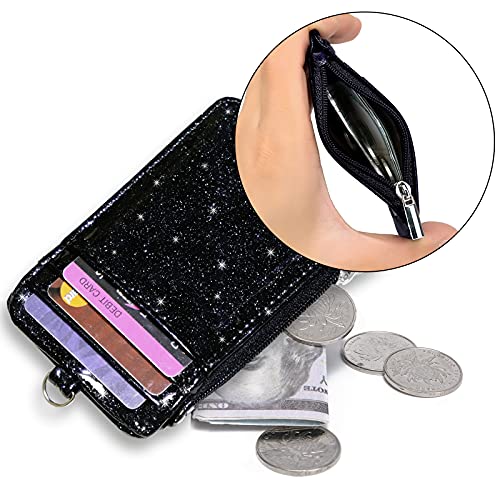 Leamekor ID Badge Holder with Neck Lanyard PU Leather ID Badge Wallet Case with 1 ID Window, 4 Card Slots, 1 Side Zipper Pocket (Glitter Black) - Image 4