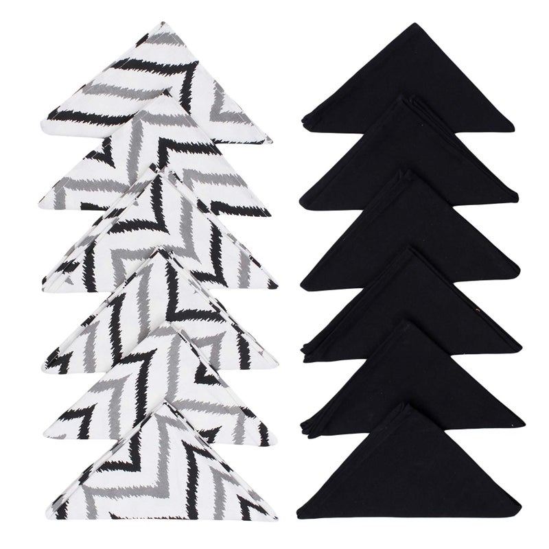 Dekor World Cotton Black Ikat Chevron Printed and Solid Napkin Set (Pack of 12) - Image 1