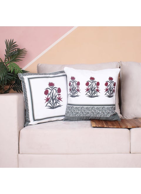 Umi Both Side Block Print Gulnaz Red Cushion Cover Set of 2 18 x 18 Inches