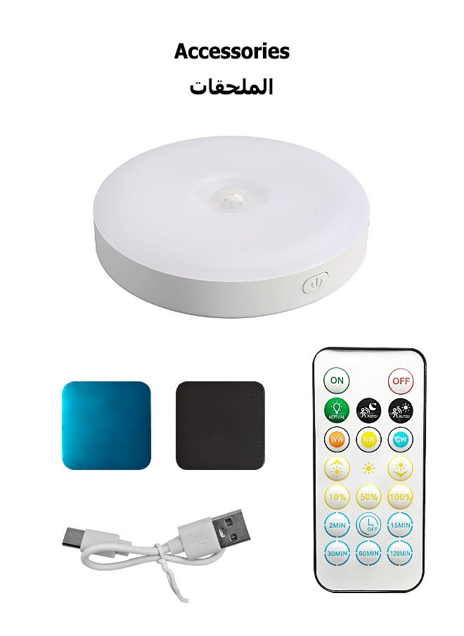 Motion Sensor Light - Smart Round Light with Timer Mode- Equipped with Remote Control - Under Cabinet Light - White Light、Warm Light、Natural Light - Rechargeable Night Light for Kitchen, Staircase, Bedroom, Drawer