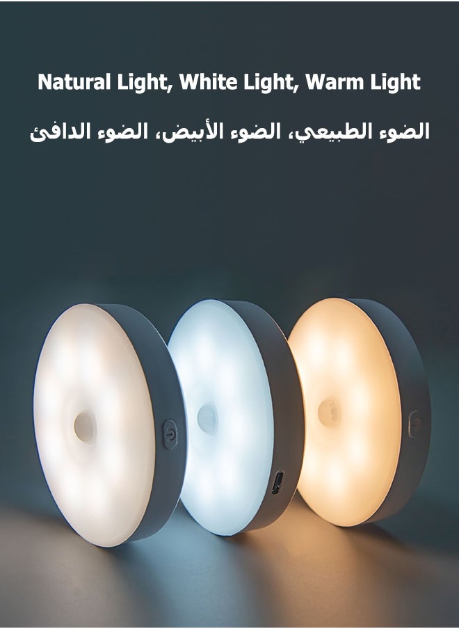 Motion Sensor Light - Smart Round Light with Timer Mode- Equipped with Remote Control - Under Cabinet Light - White Light、Warm Light、Natural Light - Rechargeable Night Light for Kitchen, Staircase, Bedroom, Drawer