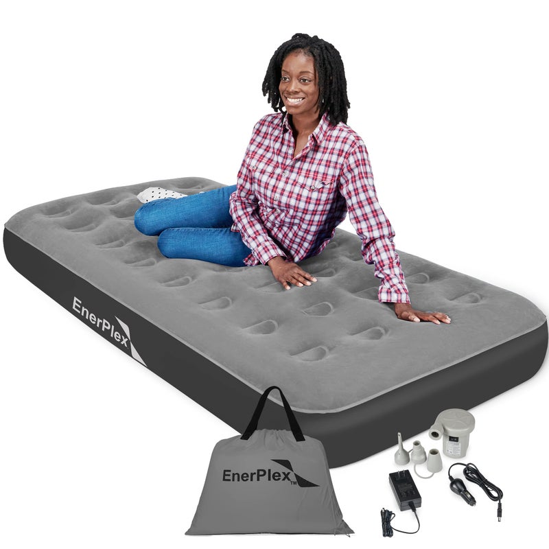 EnerPlex Camping Air Mattress with Built in Pump  Twin Blow Up Mattress for Travel  Guests  Portable Bed for Adults and Kids  Grey
