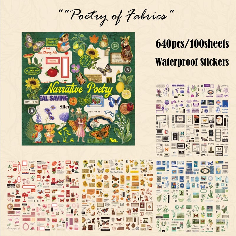 SIBLYMONA Vintage Fairy Stickers 640Pcs Transparent Stickers, Floral Butterfly Designs for Scrapbooking Journaling, Junk Journal Supplies, Cottagecore Rub On Transfers Crafts (Poetry of Fabrics) - Image 2