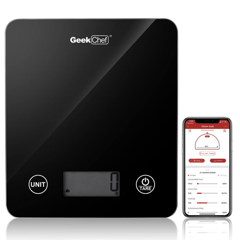 Geek Chef Digital Scale with App, Scale for Food Weight, Smart Food Nutrition Scale, Digital Kitchen Scales, Cooking Tool of Kitchen,1 lb/oz Black Glass - Image 1