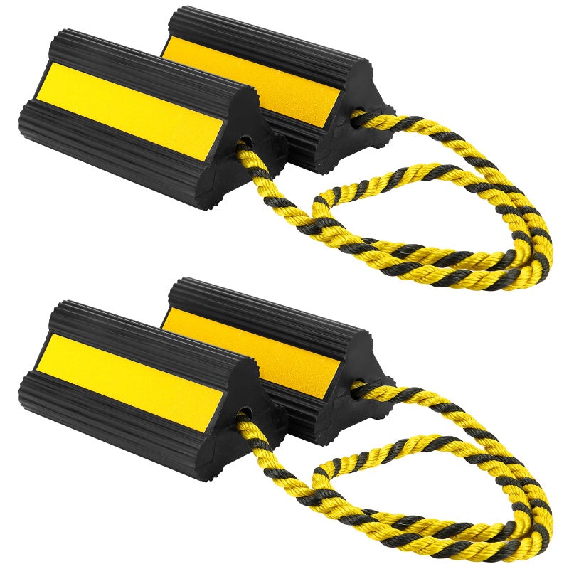 Datanly 2 Pair Heavy Duty Wheel Chocks for RV Trailer Rubber Wheel Stoppers Dual Blocks Front and Back Non Slip Tire Chock with Nylon Rope Reflective Tape for RVs Travel Trailers CarYellow