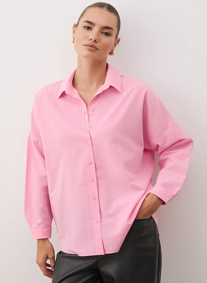 trendyol Pink Cotton Oversize Wide Fit Woven Shirt - Image 2