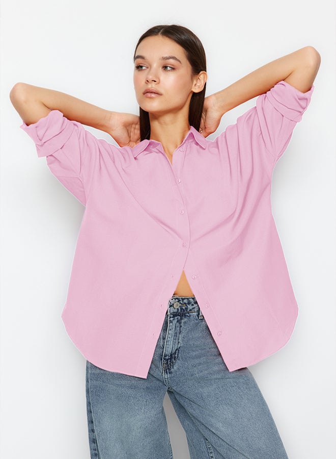 trendyol Pink Cotton Oversize Wide Fit Woven Shirt - Image 5