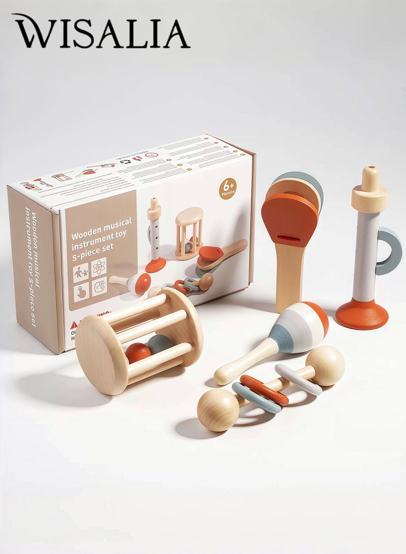 فيساليا ألعاب أطفال، مجموعة خشخيشة مونتيسوري خشبية - 5 قطع ألعاب حسية خشبية طبيعية للأطفال من عمر 36 شهراً فما فوق، تطوير مبكر وهدية استقبال المولود - Image 1