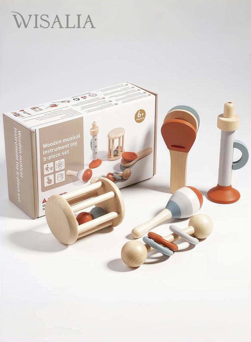 Wisalia Baby Toys, Montessori Wooden Rattle Set - 5-Piece Natural Wood Sensory Toys for Toddlers 36+ Months, Early Development & Baby Shower Gift - Image 1