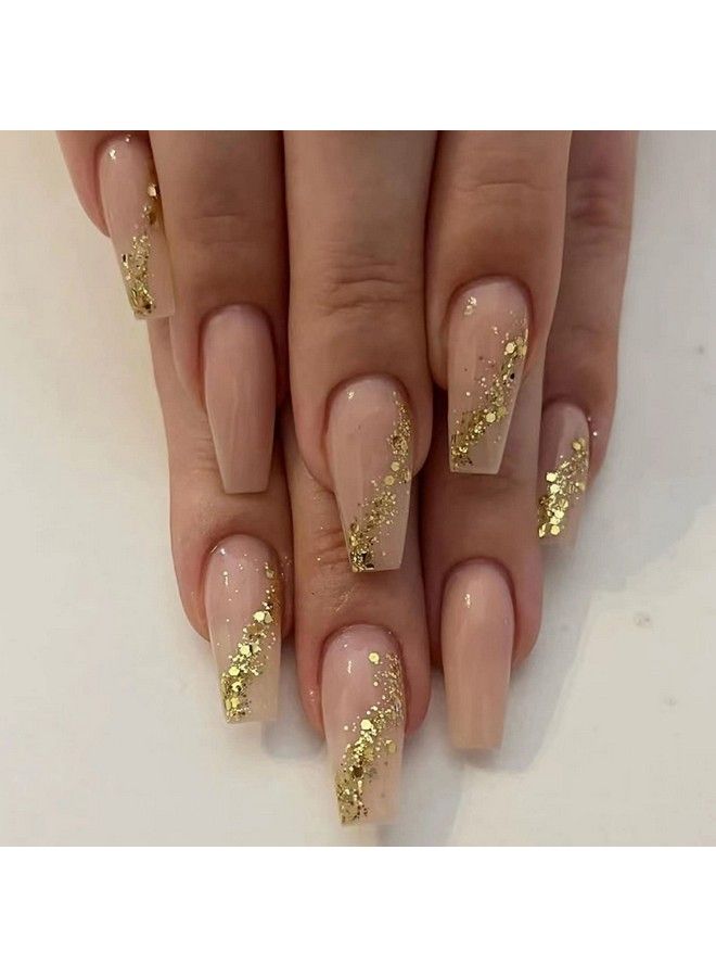 MISUD 24 Pcs Long Coffin Press On Nails Ballerina Fake Nails Bling Gold Glitter Artificial Acrylic Nails Glossy Glue On Nails Elegant Nude Pink Gel Stick On False Nails With Design - Image 1