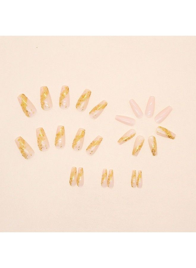 MISUD 24 Pcs Long Coffin Press On Nails Ballerina Fake Nails Bling Gold Glitter Artificial Acrylic Nails Glossy Glue On Nails Elegant Nude Pink Gel Stick On False Nails With Design - Image 5