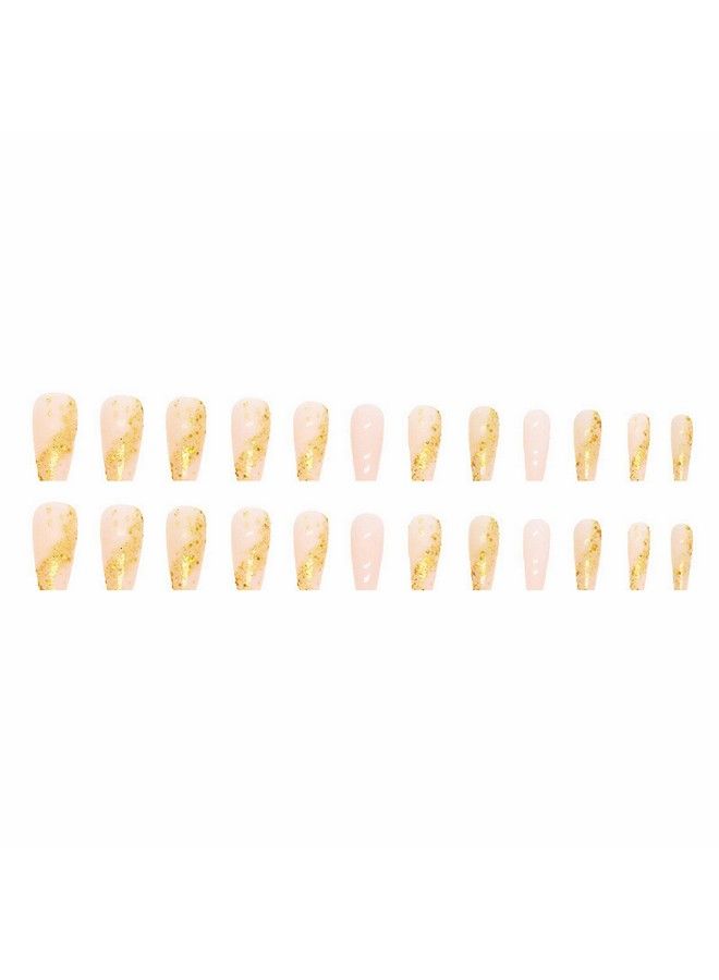 MISUD 24 Pcs Long Coffin Press On Nails Ballerina Fake Nails Bling Gold Glitter Artificial Acrylic Nails Glossy Glue On Nails Elegant Nude Pink Gel Stick On False Nails With Design - Image 3