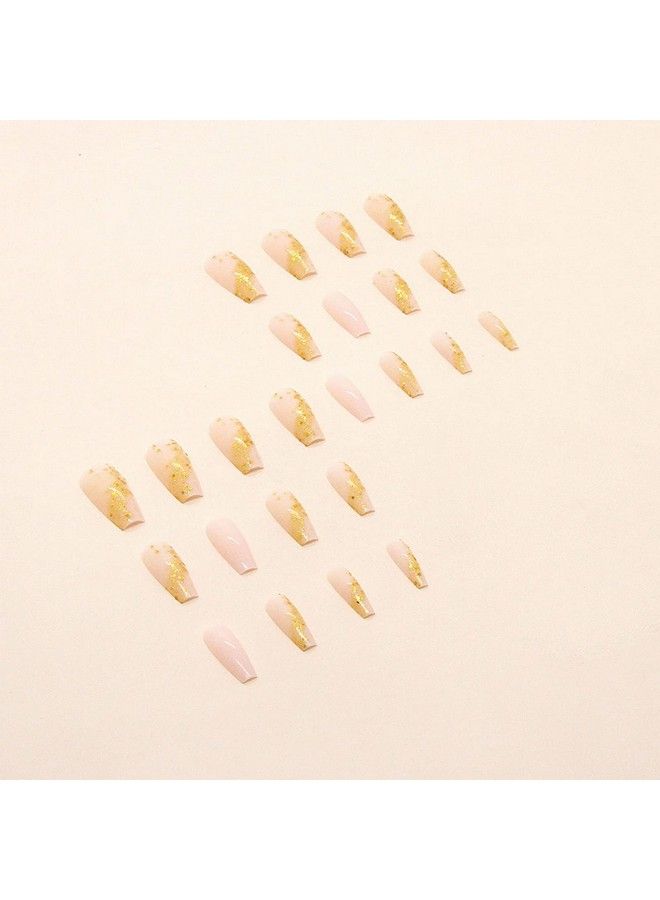 MISUD 24 Pcs Long Coffin Press On Nails Ballerina Fake Nails Bling Gold Glitter Artificial Acrylic Nails Glossy Glue On Nails Elegant Nude Pink Gel Stick On False Nails With Design - Image 4