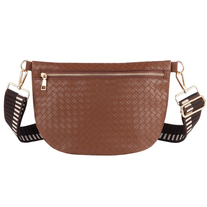 Dealkion Woven Crossbody Bags for Women Leather Belt Bum Sling Purse Fanny Waist Pack Chest Shoulder Bag for Women-Dark Brown - Image 1