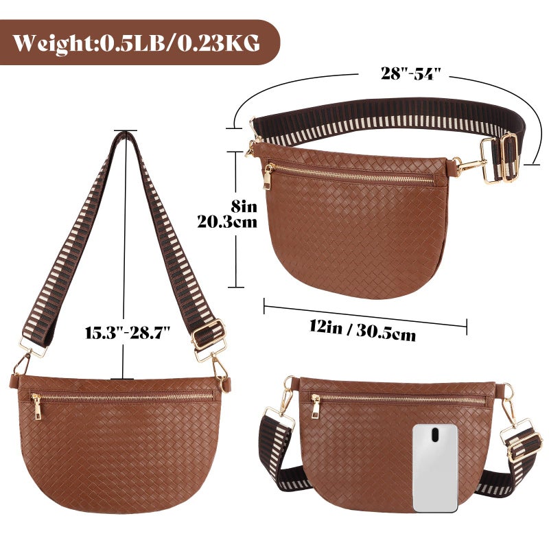Dealkion Woven Crossbody Bags for Women Leather Belt Bum Sling Purse Fanny Waist Pack Chest Shoulder Bag for Women-Dark Brown - Image 4