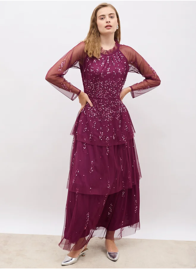 ستايلي Styli Embellished Long Sleeve Tiered Maxi Dress