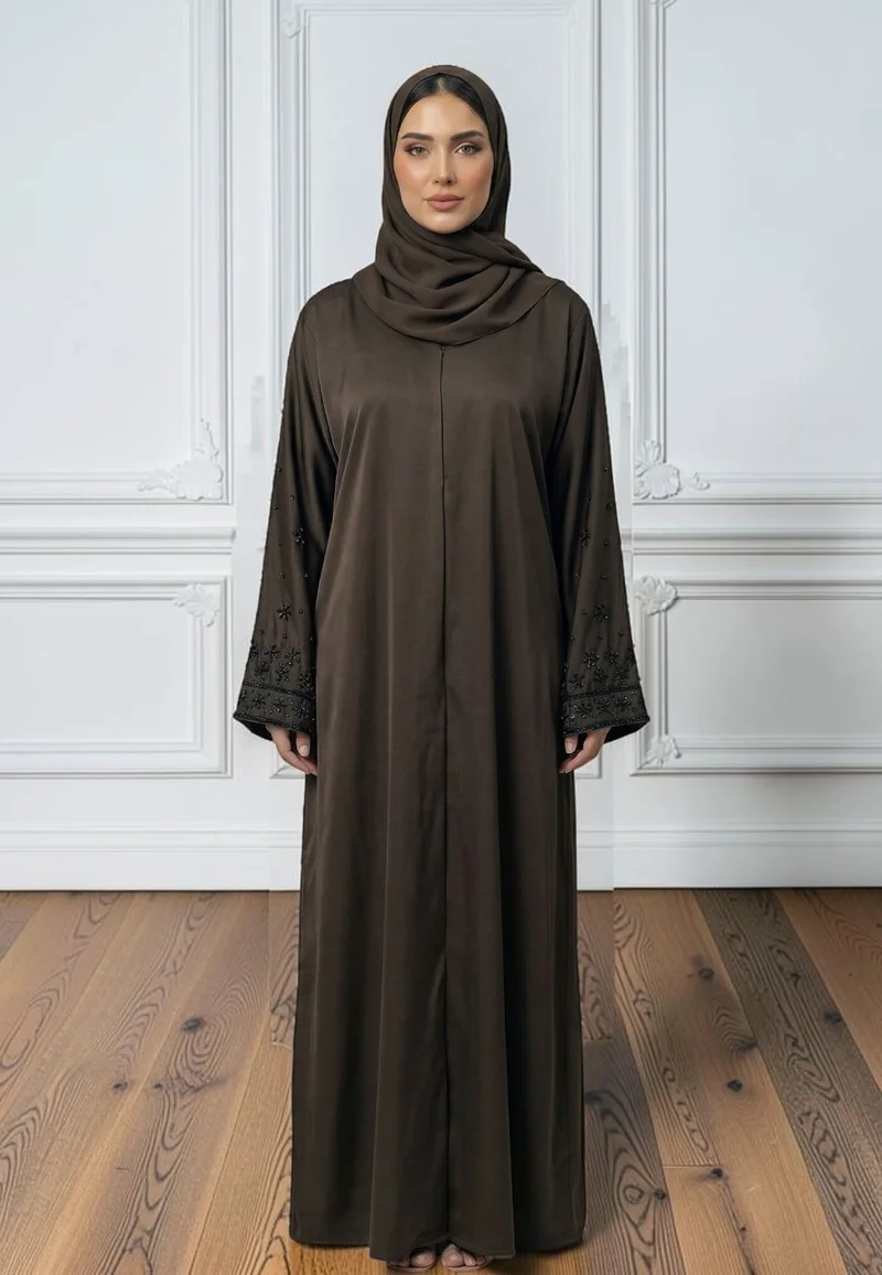 NUKHBAA The Serene Espresso Hand-Embellished Abaya | Nida Fabric-868