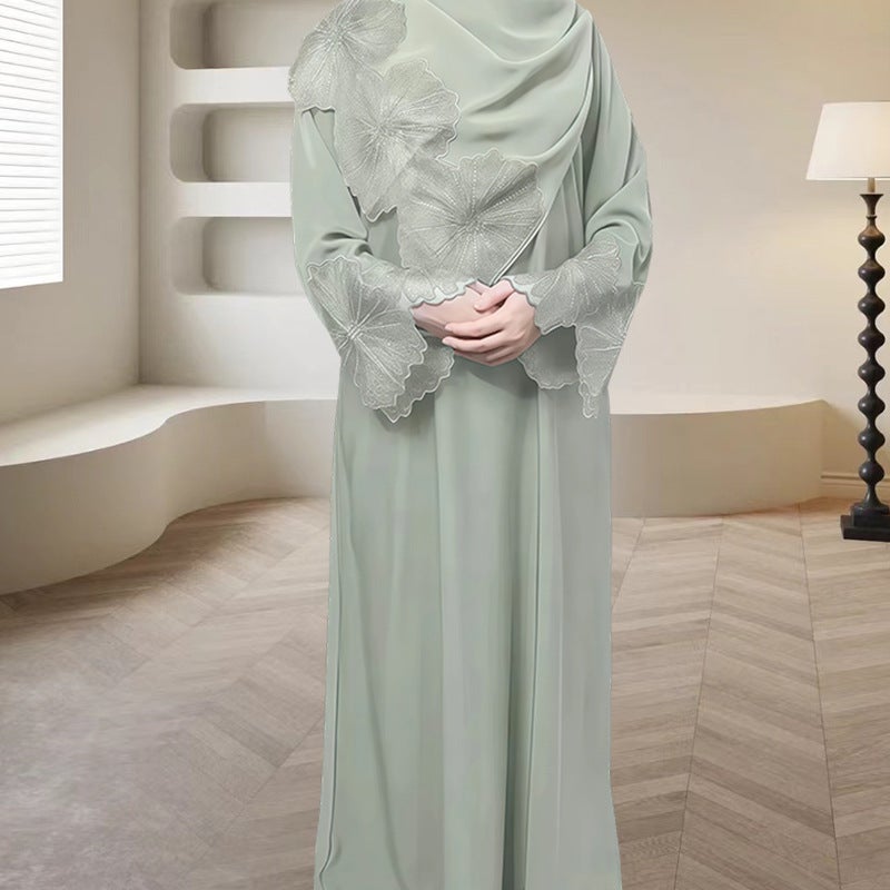 Elegant Turkish Style Two-Piece Dress and Headscarf Set with Lace