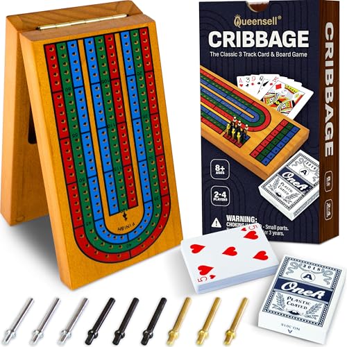 Queensell Cribbage Board Game Set with Storage Classic Game Travel Cribbage Board with Wooden Card Storage for Adults Kids Ideal for Game Night - Image 1