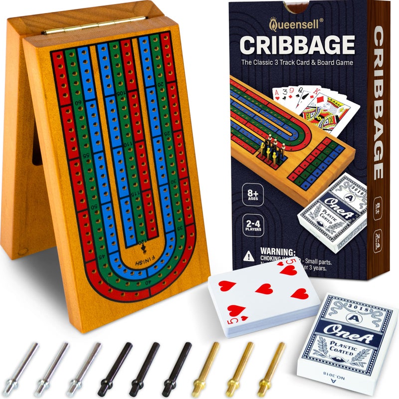 Queensell Cribbage Board Game Set with Storage Classic Game Travel Cribbage Board with Wooden Card Storage for Adults Kids Ideal for Game Night - Image 2