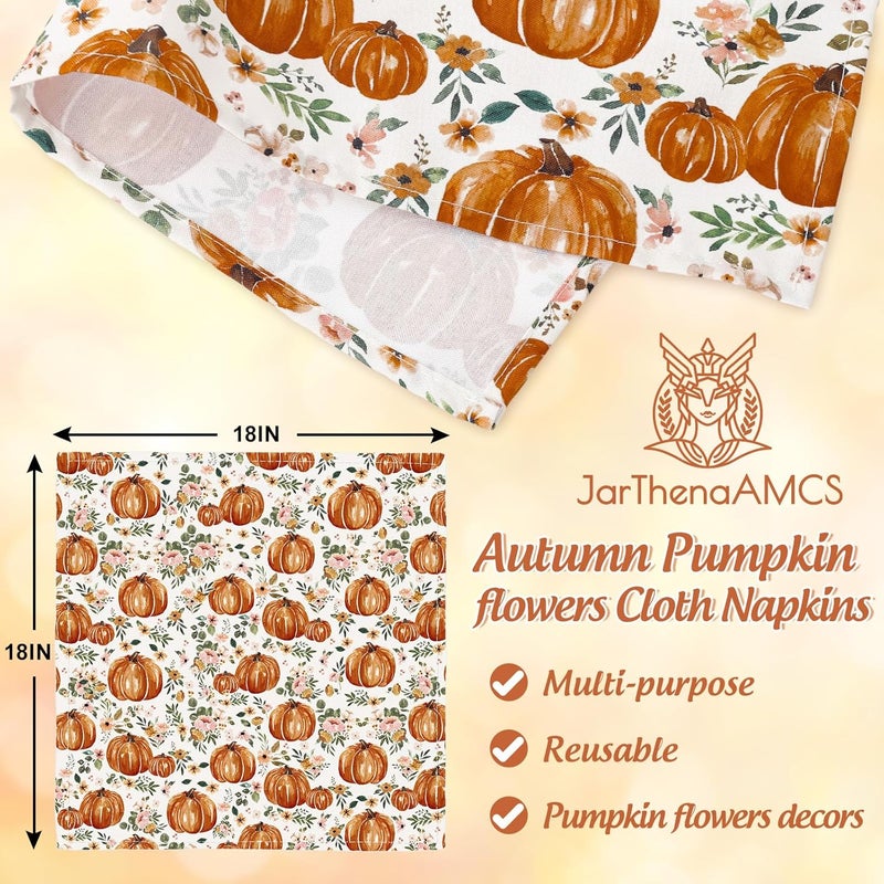 JarThenaAMCS 6Pcs Fall Cloth Napkin Autumn Pumpkin Floral Dinner Napkin Reusable Kitchen Top Collection for Farmhouse Harvest Dining Table 18 x 18 Inch - Image 2