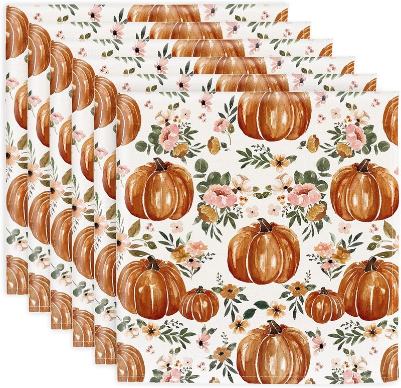 JarThenaAMCS 6Pcs Fall Cloth Napkin Autumn Pumpkin Floral Dinner Napkin Reusable Kitchen Top Collection for Farmhouse Harvest Dining Table 18 x 18 Inch - Image 1