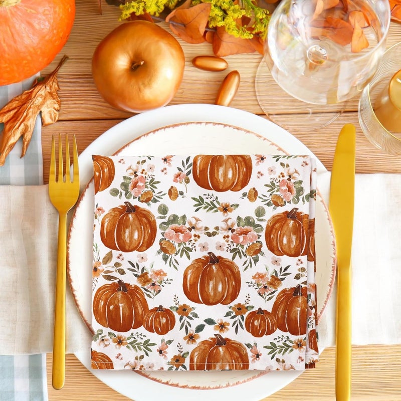JarThenaAMCS 6Pcs Fall Cloth Napkin Autumn Pumpkin Floral Dinner Napkin Reusable Kitchen Top Collection for Farmhouse Harvest Dining Table 18 x 18 Inch - Image 5