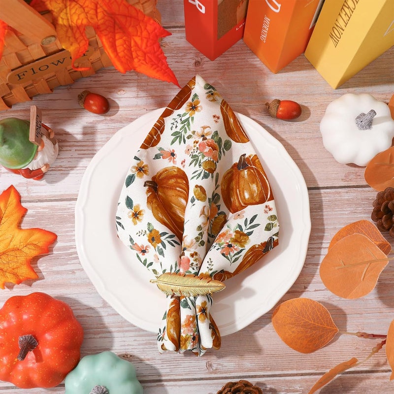 JarThenaAMCS 6Pcs Fall Cloth Napkin Autumn Pumpkin Floral Dinner Napkin Reusable Kitchen Top Collection for Farmhouse Harvest Dining Table 18 x 18 Inch - Image 4