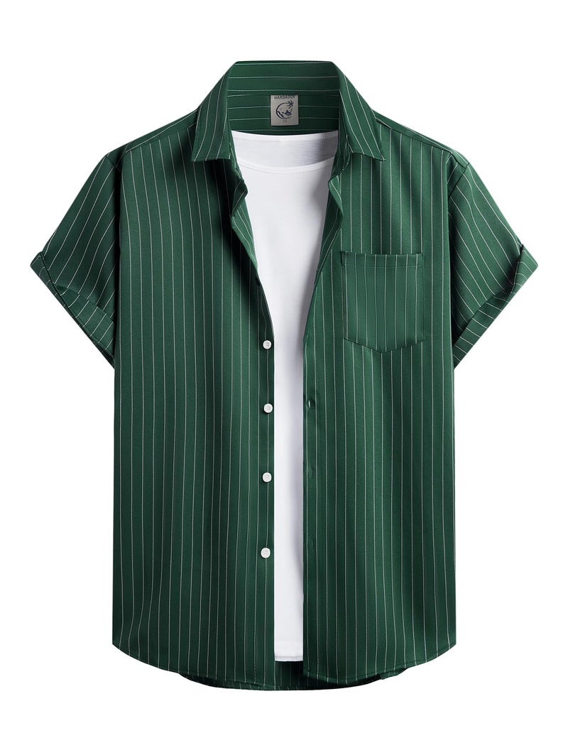 Hardaddy Men's Casual Striped Shirts Button Down Short Sleeve Blouse Summer Hawaiian Shirt Green 3XL - Image 1