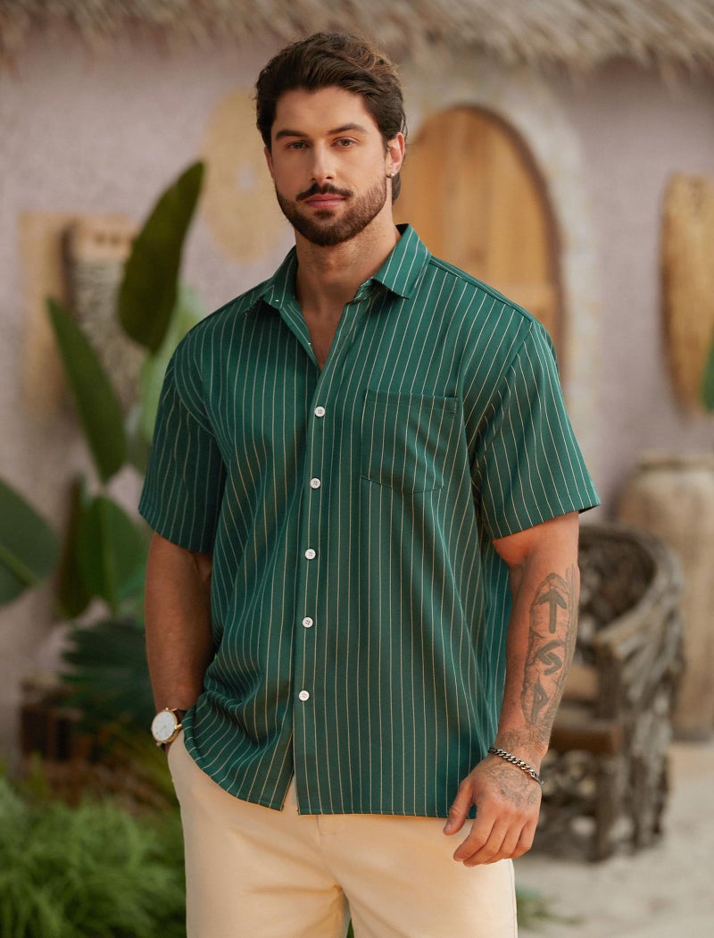 Hardaddy Men's Casual Striped Shirts Button Down Short Sleeve Blouse Summer Hawaiian Shirt Green 3XL - Image 2