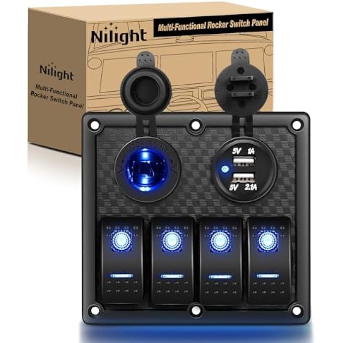 NALACAL 4 Gang Rocker Switch Panel MultiFunction Switch Panel Dual Usb Charger Panel Digital Voltmeter Switch Panel 12V Outlet Switch Panel Switch Panel With Circuit Breakers For Rv Car Boat Truck Trailer - Image 1