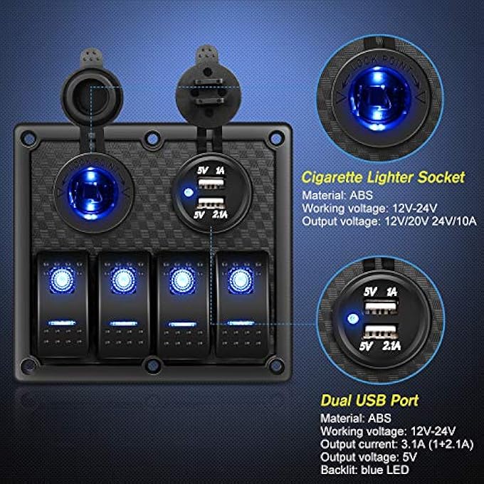 NALACAL 4 Gang Rocker Switch Panel MultiFunction Switch Panel Dual Usb Charger Panel Digital Voltmeter Switch Panel 12V Outlet Switch Panel Switch Panel With Circuit Breakers For Rv Car Boat Truck Trailer - Image 4