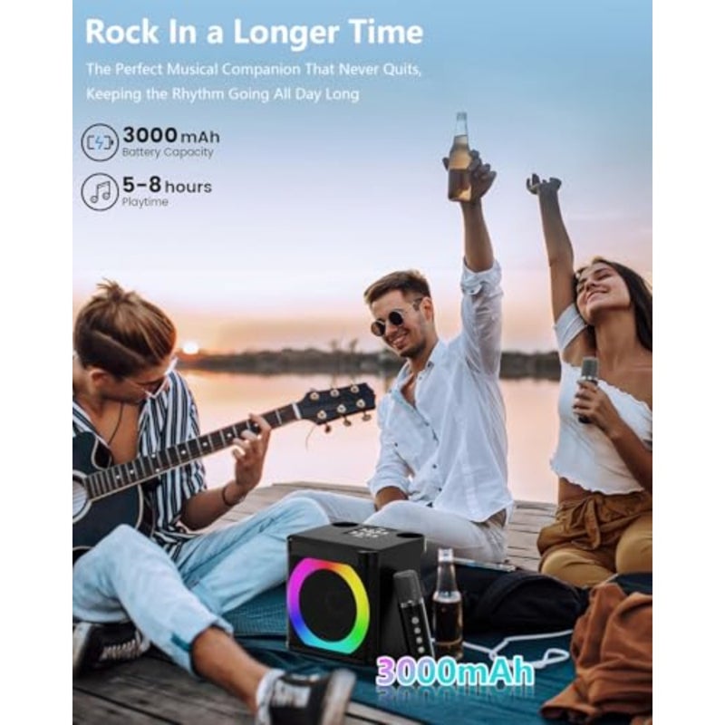 Bluetooth Karaoke Machine For /Adults With 2 Microphones, LED Lights 2 wireless mic, rechargeable, for party and home, usb charging, dynamic led lights, support tf and usb and aux, mini, black - Image 5