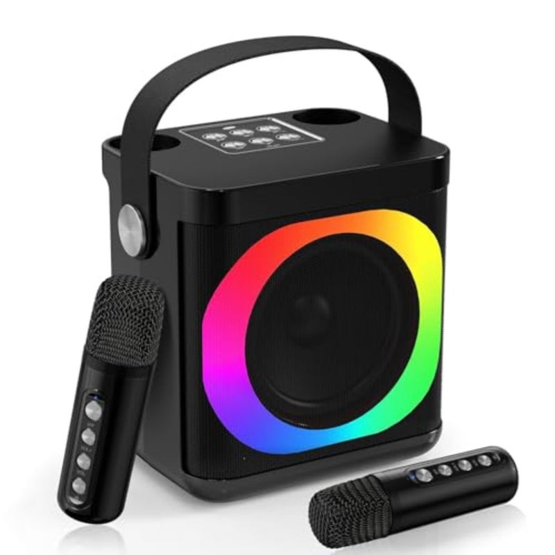 Bluetooth Karaoke Machine For /Adults With 2 Microphones, LED Lights 2 wireless mic, rechargeable, for party and home, usb charging, dynamic led lights, support tf and usb and aux, mini, black - Image 1