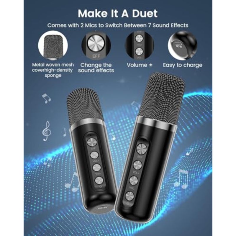 Bluetooth Karaoke Machine For /Adults With 2 Microphones, LED Lights 2 wireless mic, rechargeable, for party and home, usb charging, dynamic led lights, support tf and usb and aux, mini, black - Image 3