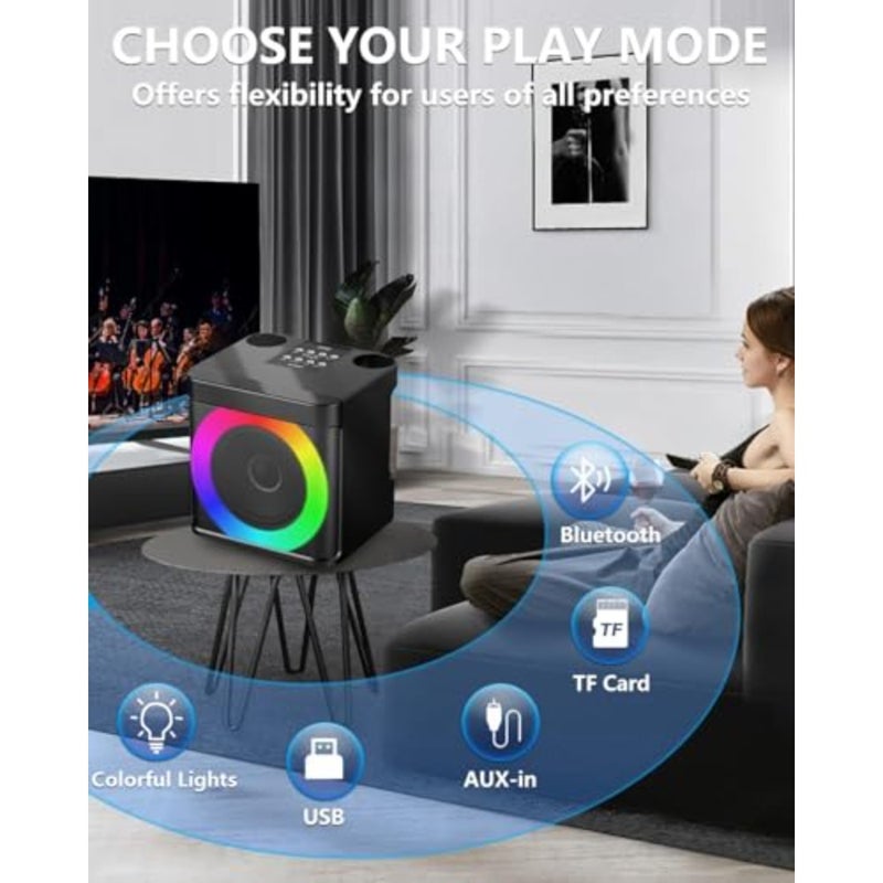 Bluetooth Karaoke Machine For /Adults With 2 Microphones, LED Lights 2 wireless mic, rechargeable, for party and home, usb charging, dynamic led lights, support tf and usb and aux, mini, black - Image 4