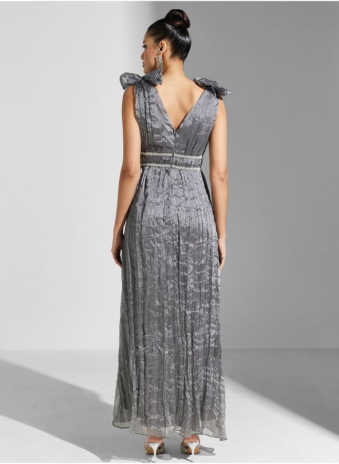 True Decadence - Crinkle Organza Bow Shoulder Maxi Dress - Image 1