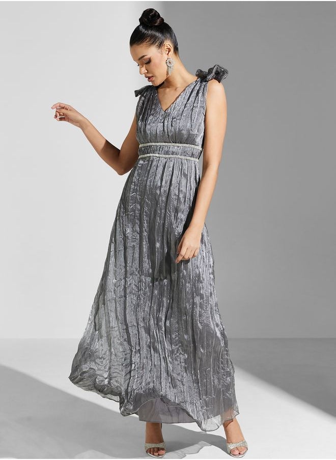 True Decadence - Crinkle Organza Bow Shoulder Maxi Dress - Image 1