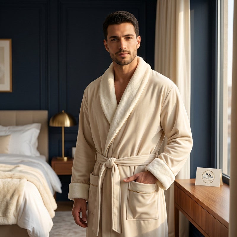 TM HOME Original TM Home Products - Royal VIP Unisex Bathrobe - Beige - Ultra Absorbent Microfiber Inner with Natural Satin Cotton Outer - Luxury Hotel Style Robe - Image 4