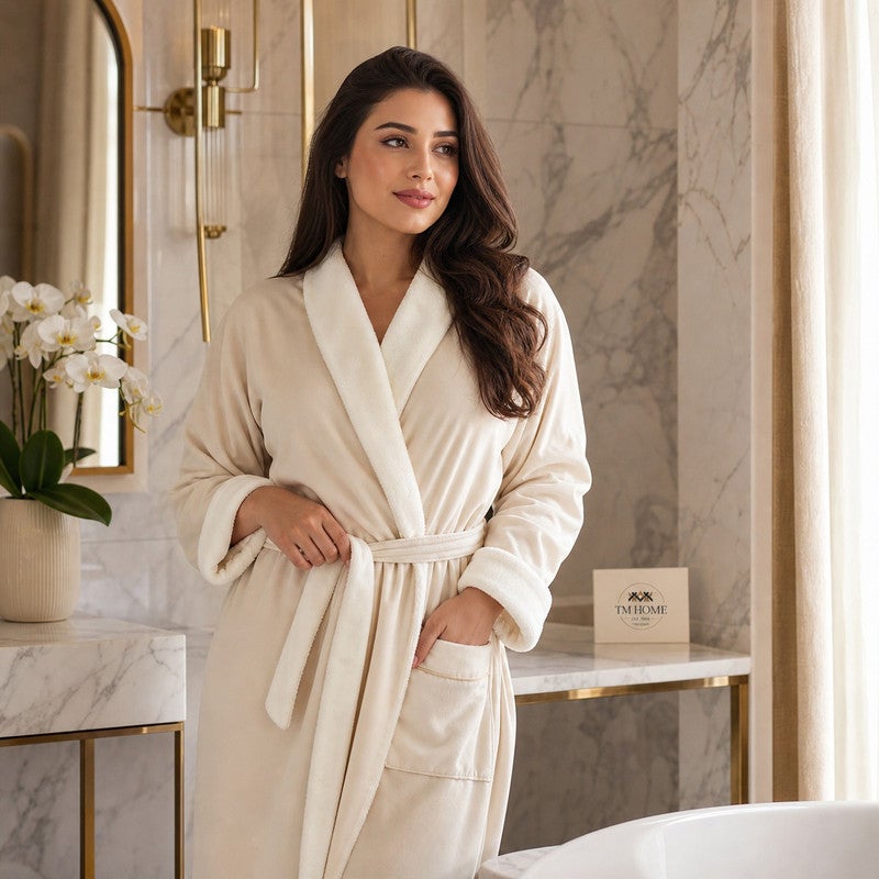 TM HOME Original TM Home Products - Royal VIP Unisex Bathrobe - Beige - Ultra Absorbent Microfiber Inner with Natural Satin Cotton Outer - Luxury Hotel Style Robe - Image 2