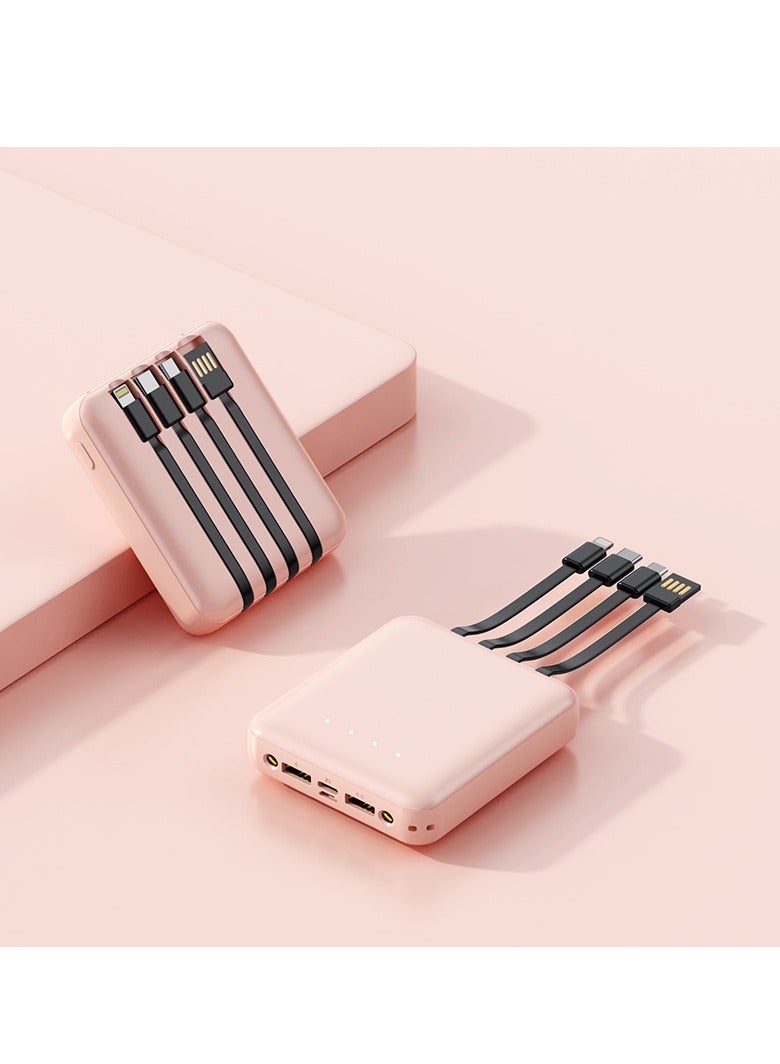 10000 mAh large capacity power bank with built-in cable mini portable power bank (pink) - Image 1
