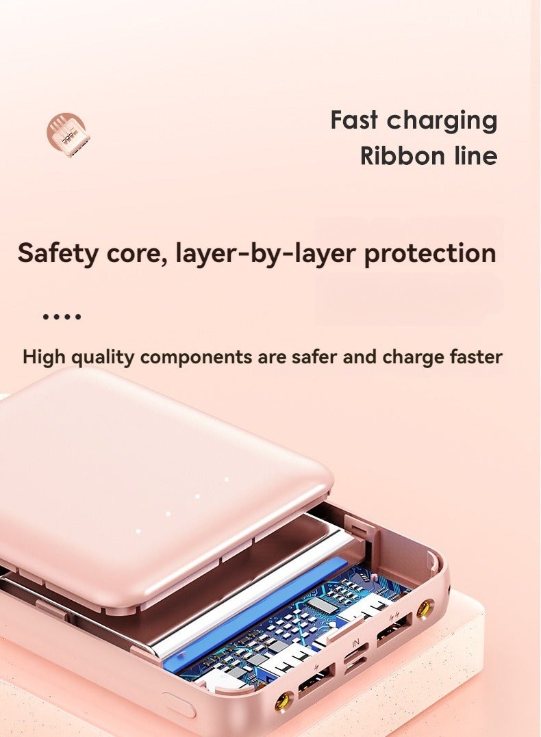 10000 mAh large capacity power bank with built-in cable mini portable power bank (pink) - Image 3