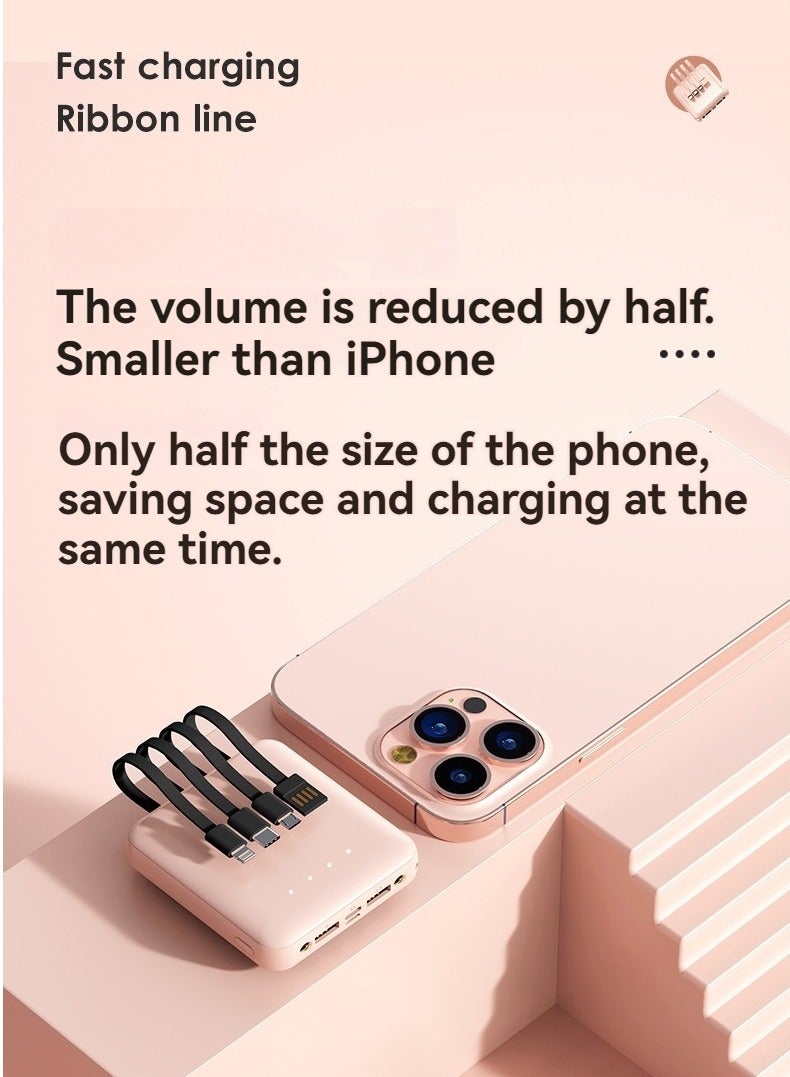 10000 mAh large capacity power bank with built-in cable mini portable power bank (pink) - Image 2